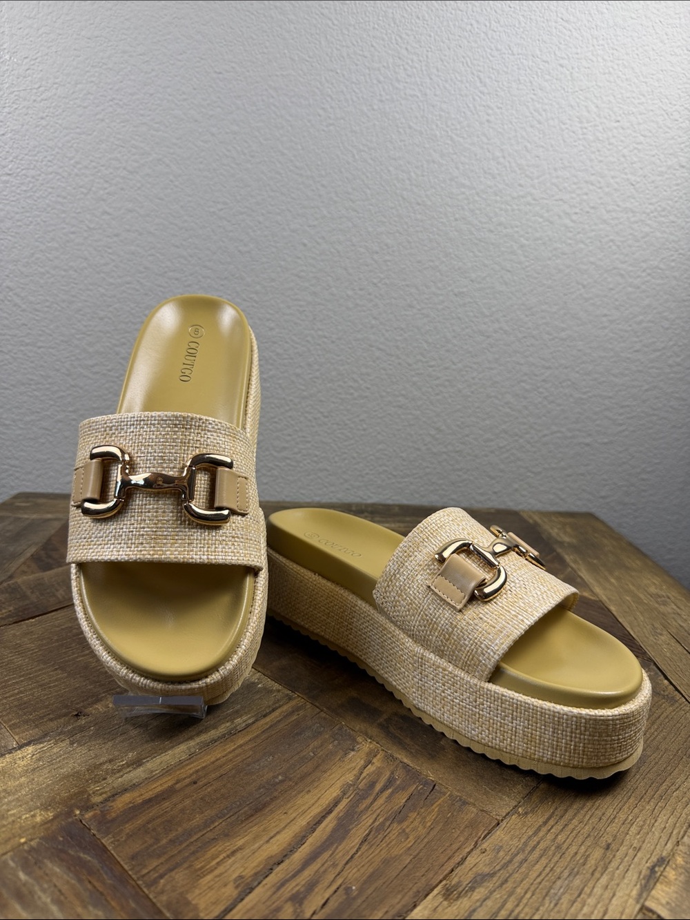 Size 8 Coutgo Beige Raffia Platform Slide Mules with Gold Buckle